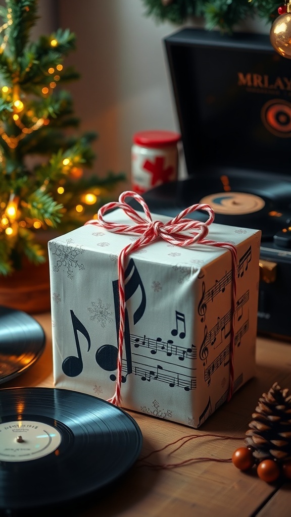 A Christmas gift box with music notes, surrounded by festive decorations and vinyl records.